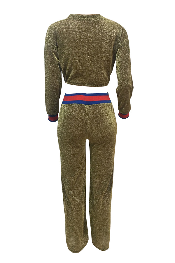  Trendy Round Neck Patchwork Green Polyester Two-piece Pants Set