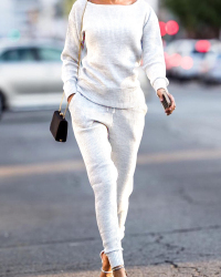 White Cotton Pants Plain O neck Long Sleeve Casual Two Pieces White Cotton Pants Plain O neck Long Sleeve Casual Two Pieces