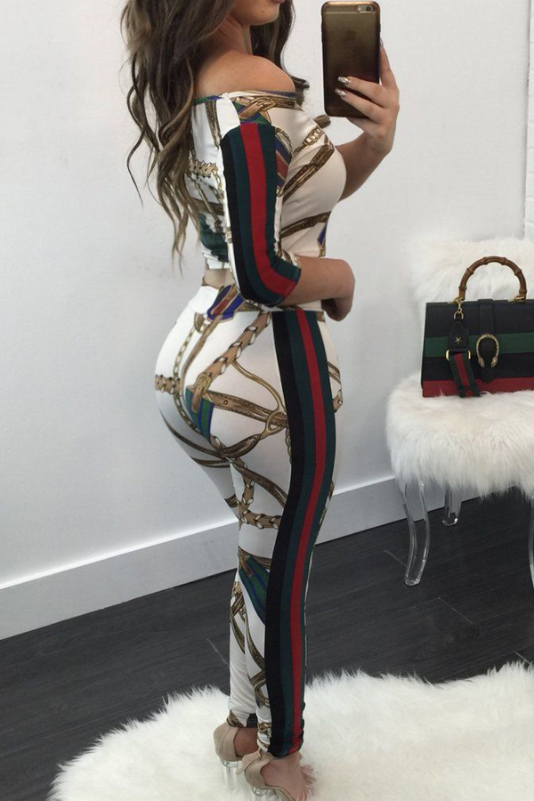  White Knitting Pants Print Bateau Neck Long Sleeve Casual Two Pieces