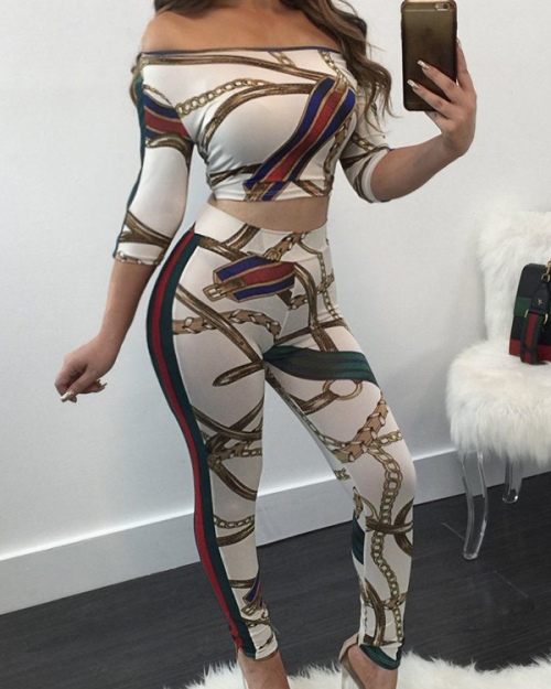 White Knitting Pants Print Bateau Neck Long Sleeve Casual Two Pieces White Knitting Pants Print Bateau Neck Long Sleeve Casual Two Pieces