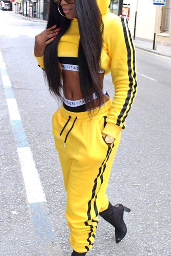  Yellow Cotton Blends Pants Plain Turndown Collar Long Sleeve Casual Two Pieces