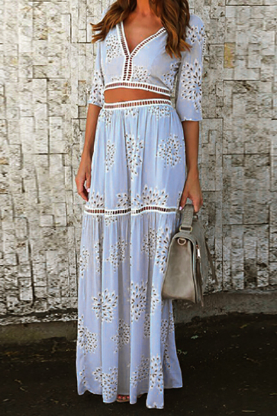 Blue Polyester Skirt Print V Neck Three Quarter Sexy Two Pieces