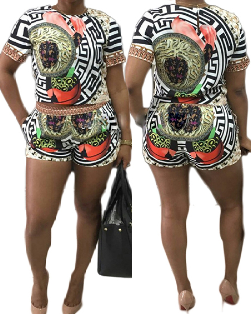 Bohemian Style Round Neck Short Sleeves Printed Qmilch Two-piece Shorts Set Bohemian Style Round Neck Short Sleeves Printed Qmilch Two-piece Shorts Set