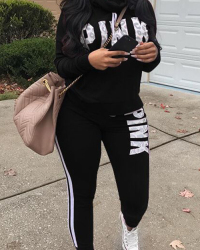 Casual Heaps Collar Letters Printed Striped Black Qmilch Two-Piece Pants Set