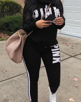 Casual Heaps Collar Letters Printed Striped Black Qmilch Two-Piece Pants Set