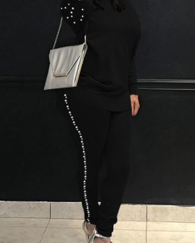 Casual Round Neck Pearl Decoration Black Blending Two-Piece Pants Set Casual Round Neck Pearl Decoration Black Blending Two-Piece Pants Set