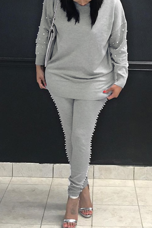 Casual Round Neck Pearl Decoration Grey Blending Two-Piece Pants Set