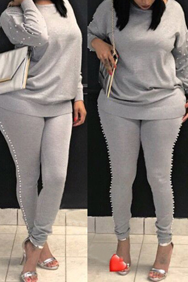 Casual Round Neck Pearl Decoration Grey Blending Two-Piece Pants Set
