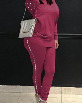 Casual Round Neck Pearl Decoration Wine Red Blending Two-Piece Pants Set Casual Round Neck Pearl Decoration Wine Red Blending Two-Piece Pants Set
