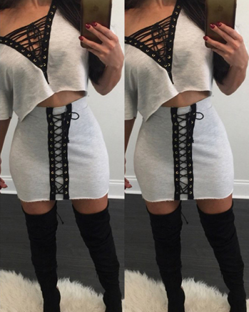 Casual V Neck Half Sleeves Lace-up Hollow-out Grey Polyester Two-piece Skirt Set Casual V Neck Half Sleeves Lace-up Hollow-out Grey Polyester Two-piece Skirt Set