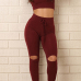 Casual V Neck Long Sleeves High Waist Broken Holes Red Knitting Two-piece Pants Set Casual V Neck Long Sleeves High Waist Broken Holes Red Knitting Two-piece Pants Set