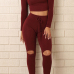Casual V Neck Long Sleeves High Waist Broken Holes Red Knitting Two-piece Pants Set Casual V Neck Long Sleeves High Waist Broken Holes Red Knitting Two-piece Pants Set