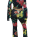 Charming Bateau Neck Long Sleeves Floral Print Black Polyester Two-piece Pants Set Charming Bateau Neck Long Sleeves Floral Print Black Polyester Two-piece Pants Set