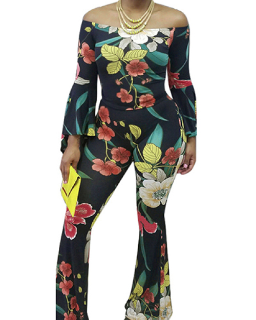 Charming Bateau Neck Long Sleeves Floral Print Black Polyester Two-piece Pants Set Charming Bateau Neck Long Sleeves Floral Print Black Polyester Two-piece Pants Set