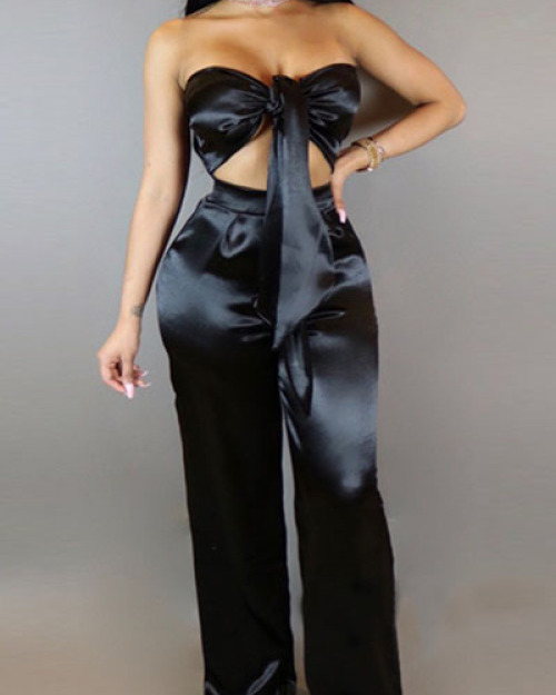 Charming Dew Shoulder High Waist Black Satin Two-piece Pants Set Charming Dew Shoulder High Waist Black Satin Two-piece Pants Set