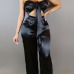 Charming Dew Shoulder High Waist Black Satin Two-piece Pants Set Charming Dew Shoulder High Waist Black Satin Two-piece Pants Set