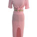 Cheap Fashion O Neck Short Sleeves Lantern Skirt Pink Blending Ankle Length Dress Cheap Fashion O Neck Short Sleeves Lantern Skirt Pink Blending Ankle Length Dress