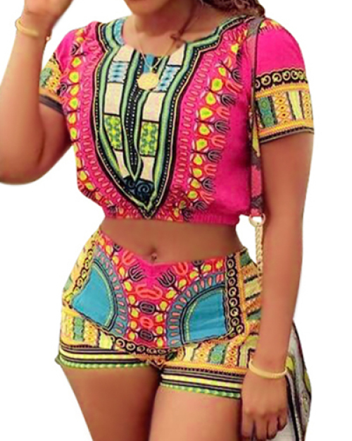 Ethnic Style Round Neck Short Sleeves Printed Qmilch Two-piece Shorts Set Ethnic Style Round Neck Short Sleeves Printed Qmilch Two-piece Shorts Set