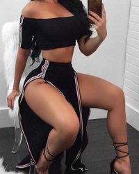 Euramerican Dew Shoulder Patchwork Black Cotton Two-piece Pants Set Euramerican Dew Shoulder Patchwork Black Cotton Two-piece Pants Set