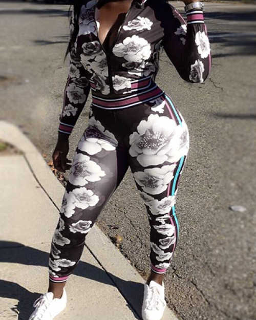 Euramerican Long Sleeves Print Black Polyester Two-piece Pants Set(Jacket+Pants) Euramerican Long Sleeves Print Black Polyester Two-piece Pants Set(Jacket+Pants)