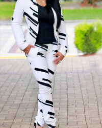 Euramerican Turndown Collar Long Sleeves Printed White Venetian Two-piece Pants Set