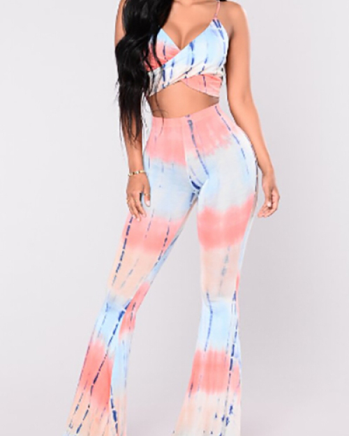 Euramerican V Neck High Waist Printed Polyester Two-piece Pants Set Euramerican V Neck High Waist Printed Polyester Two-piece Pants Set