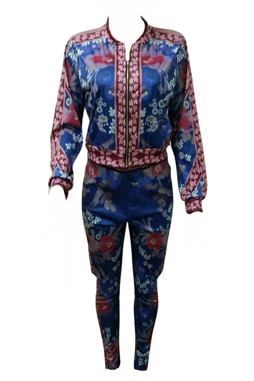 Euramerican V Neck Printed Polyester Two-piece Pants Set
