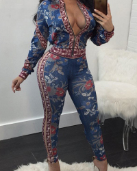 Euramerican V Neck Printed Polyester Two-piece Pants Set