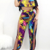 Fashion Dew Shoulder Printed Hollow-out Qmilch Two-piece Pants Set