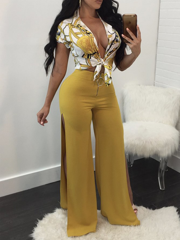 Fashion V Neck Half Sleeves Printed Yellow Cotton Two-piece Pants Set