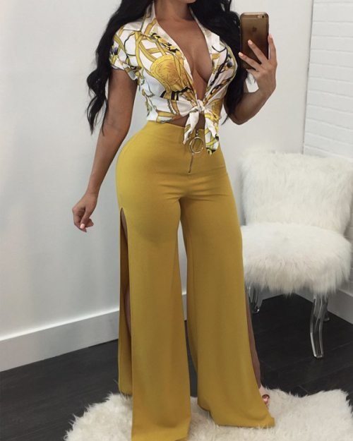 Fashion V Neck Half Sleeves Printed Yellow Cotton Two-piece Pants Set Fashion V Neck Half Sleeves Printed Yellow Cotton Two-piece Pants Set