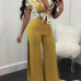 Fashion V Neck Half Sleeves Printed Yellow Cotton Two-piece Pants Set Fashion V Neck Half Sleeves Printed Yellow Cotton Two-piece Pants Set
