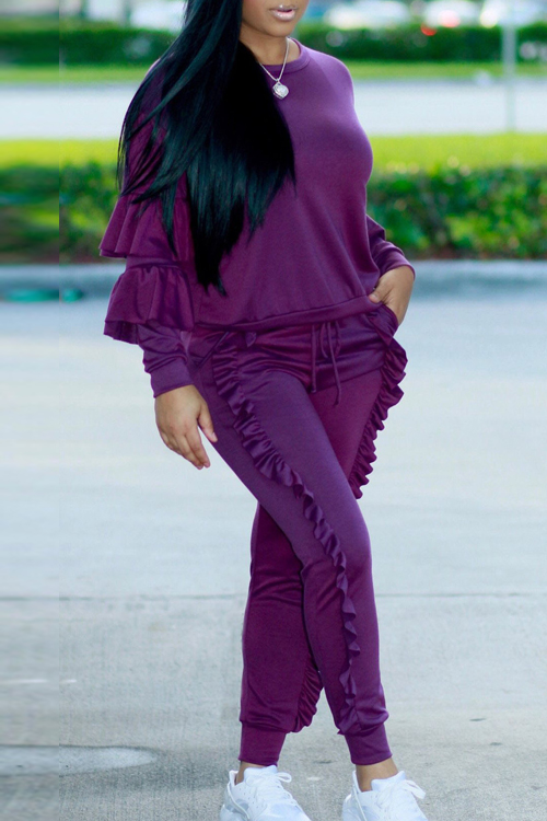 Fashionable Round Neck Ruched Purple Blending Two-piece Pants Set