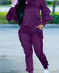 Fashionable Round Neck Ruched Purple Blending Two-piece Pants Set Fashionable Round Neck Ruched Purple Blending Two-piece Pants Set
