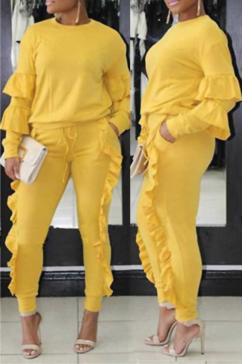 Fashionable Round Neck Ruched Yellow Blending Two-piece Pants Set