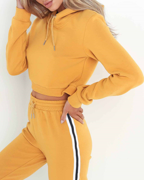 Leisure Hoode Collar Patchwork Yellow Cotton Two-piece Pants Set Leisure Hoode Collar Patchwork Yellow Cotton Two-piece Pants Set