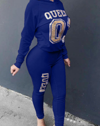 Leisure Hooded Collar Letters Printed Blue Twilled Satin Two-Piece Pants Set