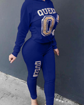 Leisure Hooded Collar Letters Printed Blue Twilled Satin Two-Piece Pants Set