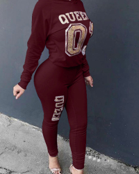 Leisure Hooded Collar Letters Printed Wine Red Twilled Satin Two-Piece Pants Set