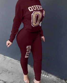 Leisure Hooded Collar Letters Printed Wine Red Twilled Satin Two-Piece Pants Set