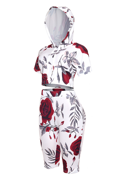 Leisure Rose Printed Red Cotton Two-piece Shorts Set