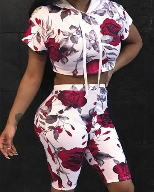 Leisure Rose Printed Red Cotton Two-piece Shorts Set Leisure Rose Printed Red Cotton Two-piece Shorts Set