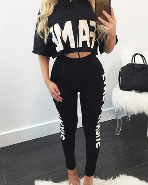 Leisure Round Neck Half Sleeves Letters Printed Black Milk Silk Two-piece Pants Set Leisure Round Neck Half Sleeves Letters Printed Black Milk Silk Two-piece Pants Set
