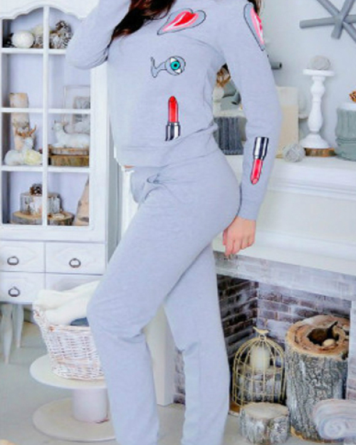 Leisure Round Neck Long Sleeves Printed Grey Knitting Two-piece Pants Set Leisure Round Neck Long Sleeves Printed Grey Knitting Two-piece Pants Set
