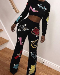 Leisure Round Neck Printed Black Polyester Two-piece Pants Set Leisure Round Neck Printed Black Polyester Two-piece Pants Set