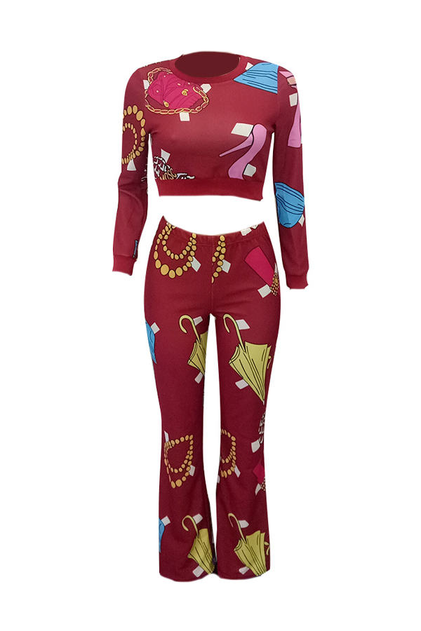 Leisure Round Neck Printed Wine Red Polyester Two-piece Pants Set