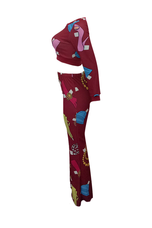 Leisure Round Neck Printed Wine Red Polyester Two-piece Pants Set