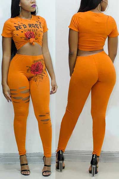 Leisure Round Neck Short Sleeves Printed Hollow-out Orange Polyester Two-piece Pants Set