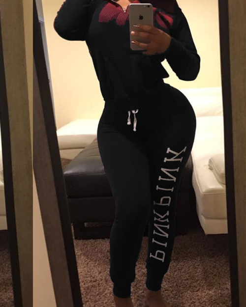 Leisure Turtleneck Long Sleeves Letters Printed Black Qmilch Two-piece Pants Set Leisure Turtleneck Long Sleeves Letters Printed Black Qmilch Two-piece Pants Set