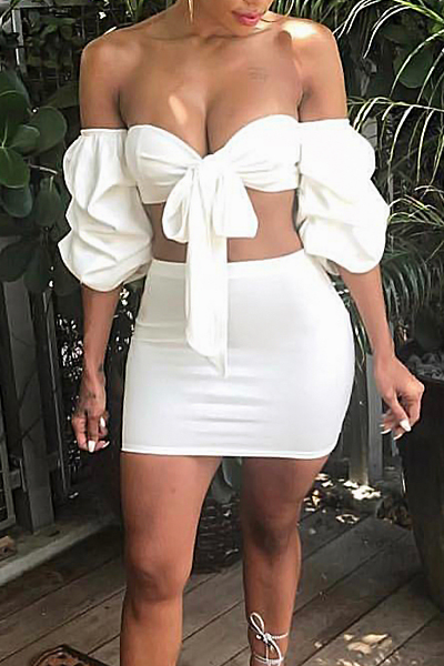 Sexy Dew Shoulder White Polyester Two-piece Skirt Set